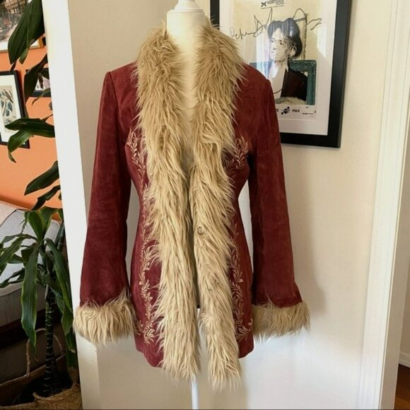 Vintage Jackets & Blazers - Vintage Embroidered Red Suede Penny Lane Coat Size Small